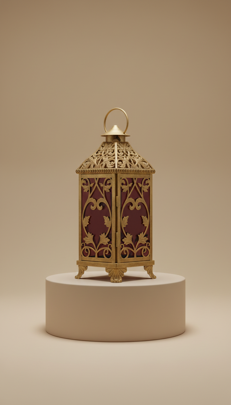 Lanterne filigrane dorée avec panneaux en verre coloré, jeux de lumière décoration orientale
