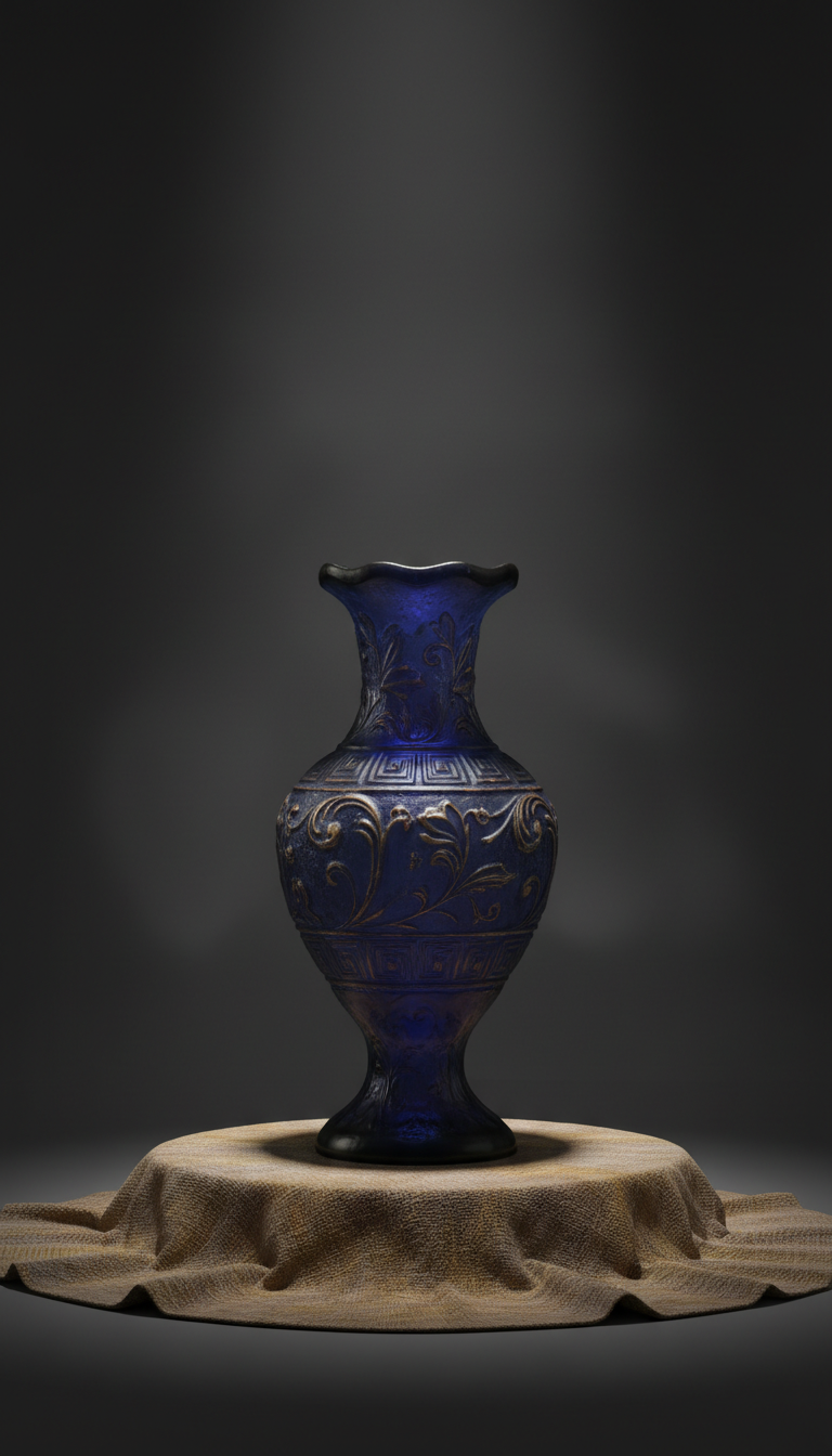 Vase verre soufflé teinté indigo motifs ornementés, décoration orientale artisanale unique
