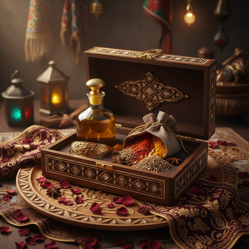 Coffret cadeau oriental artisanal prêt à offrir, épices huile d'argan et bijou