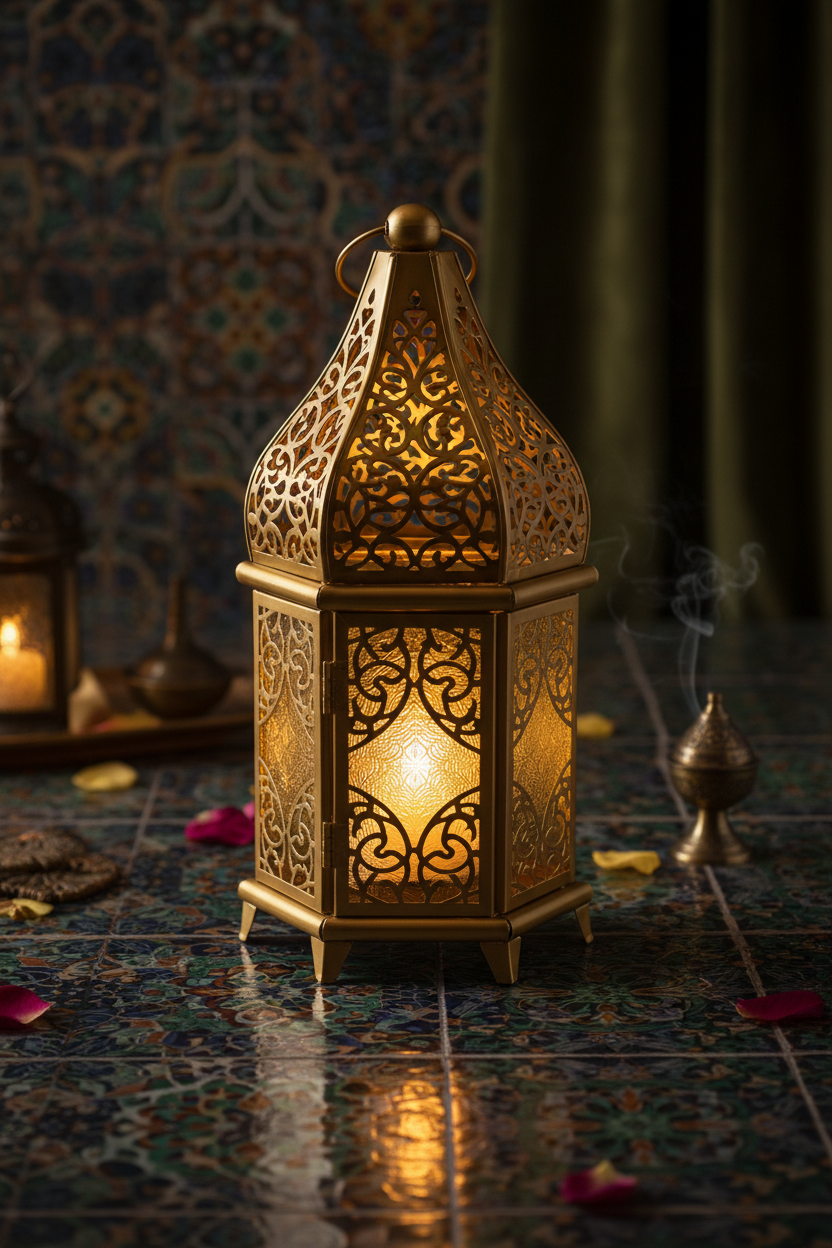Lanterne Dorée Filigrane avec Panneaux en Verre – Déco Orientale