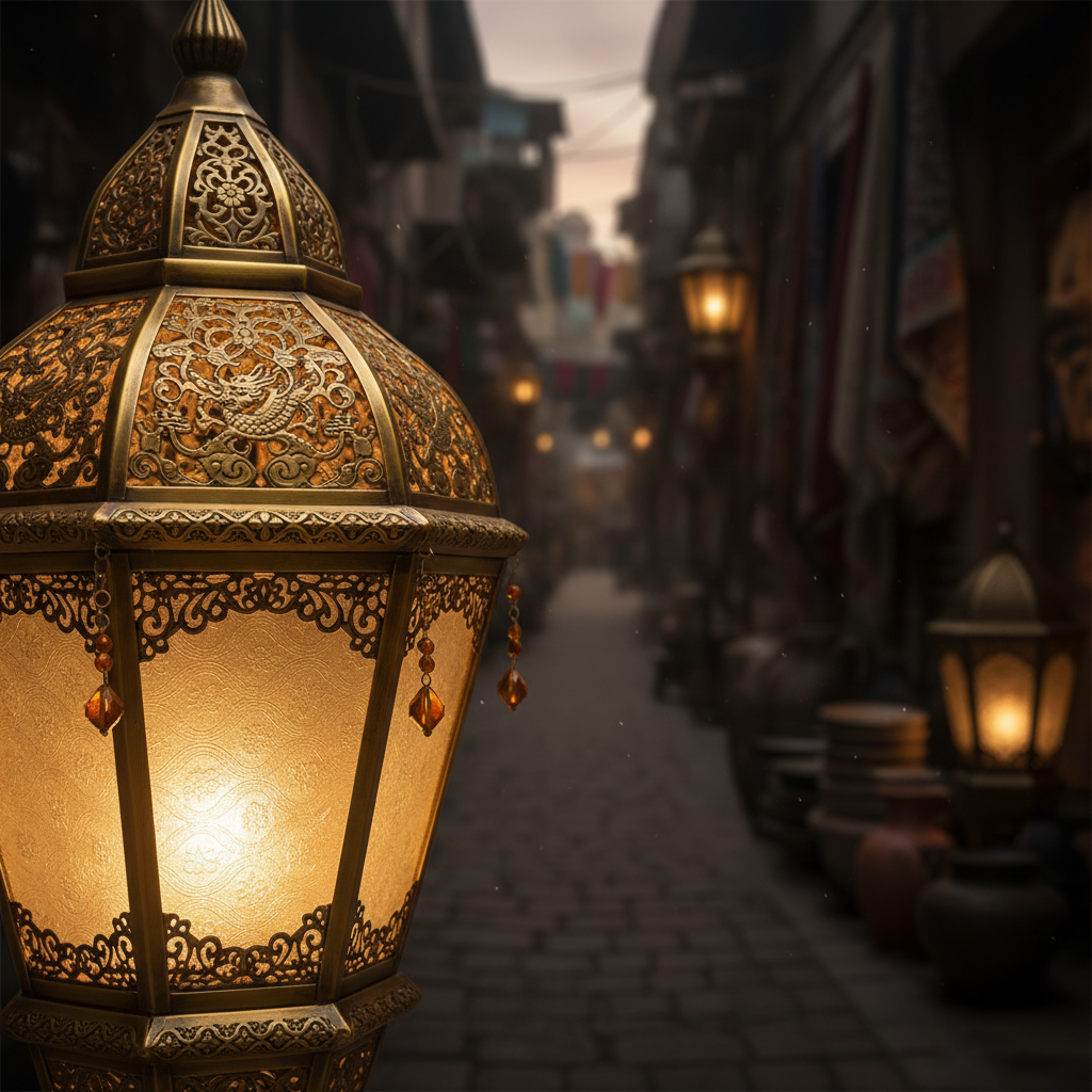 Lanterne orientale dorée artisanale avec motifs ajourés, décoration Mille et Une Nuits