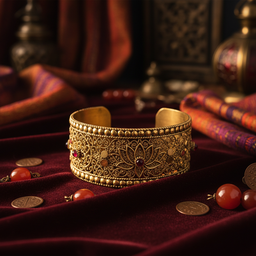 Bracelet doré ethnique ciselé à la main, bijou oriental artisanal ajustable